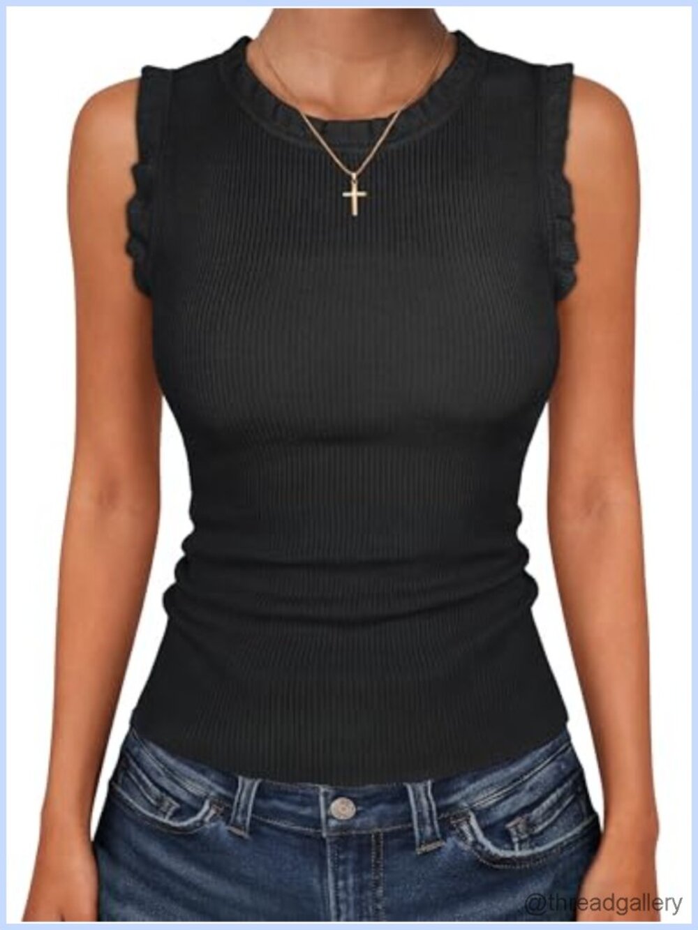 Ribbed Tank Top Ruffle Sleeveless Casual Stretchy Slim Fit